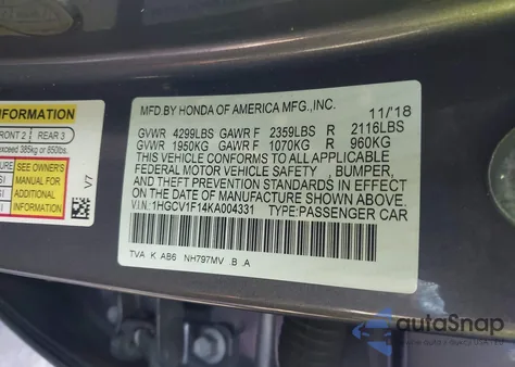 2019 Honda Accord Lx from USA, damaged, VIN 1HGCV1F14KA004331